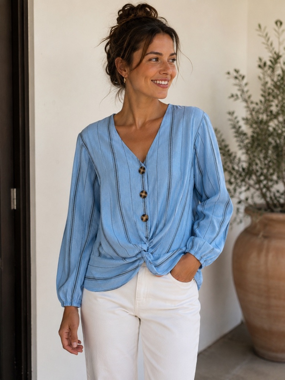 Harper Womens Medium Blue Stripe Twist Front Lyocell Blouse V Neck Long Sleeve